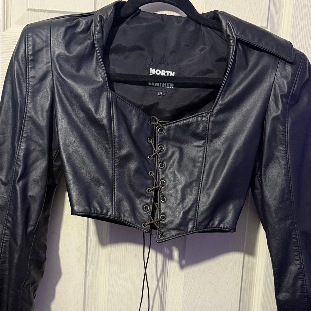 Women's fetish Black Leather Lace-Up cropped Jacket North Bound